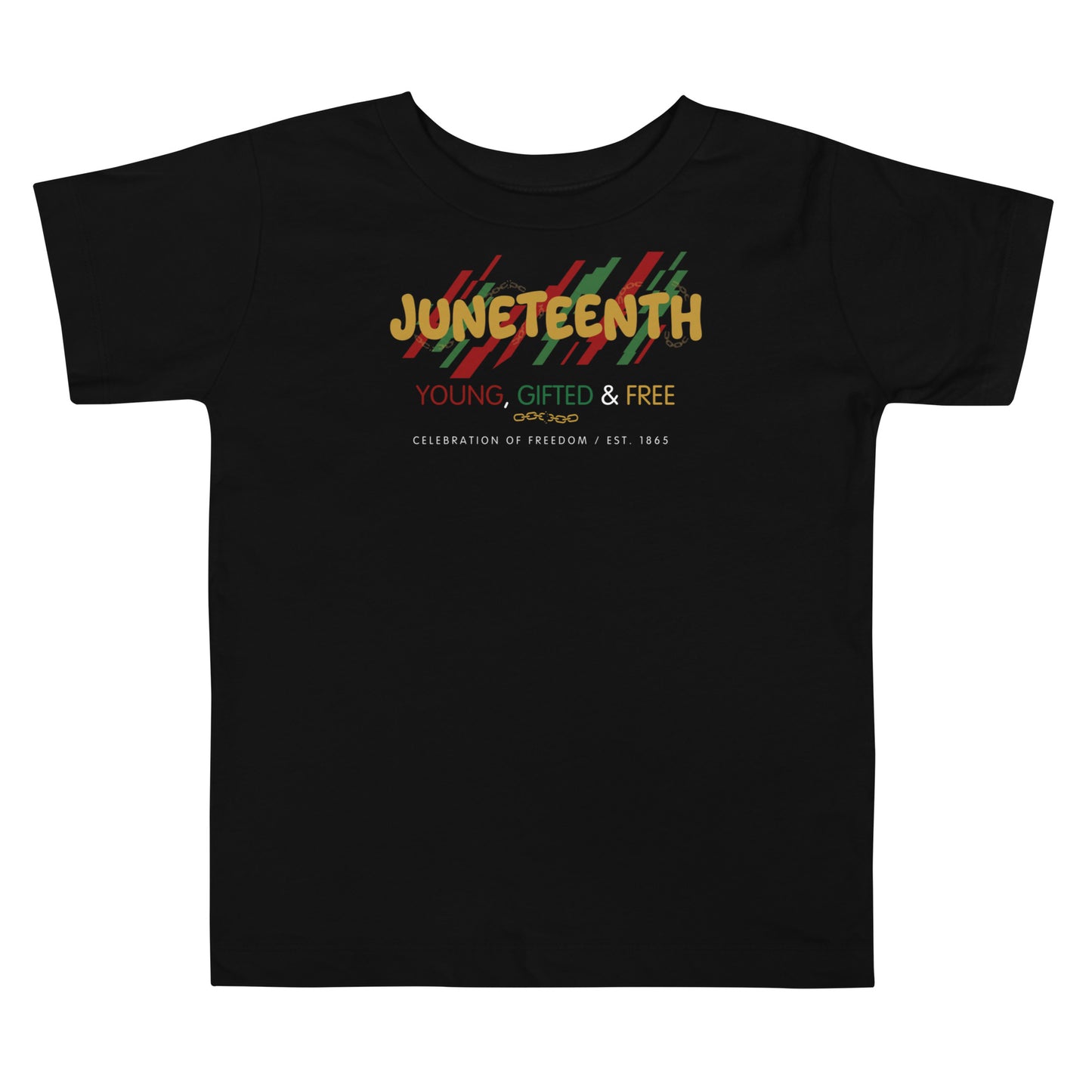 Gold Lettering Juneteenth 1865 themed design black T-Shirt with the words “Young, Gifted and Free,” with red and green graphic