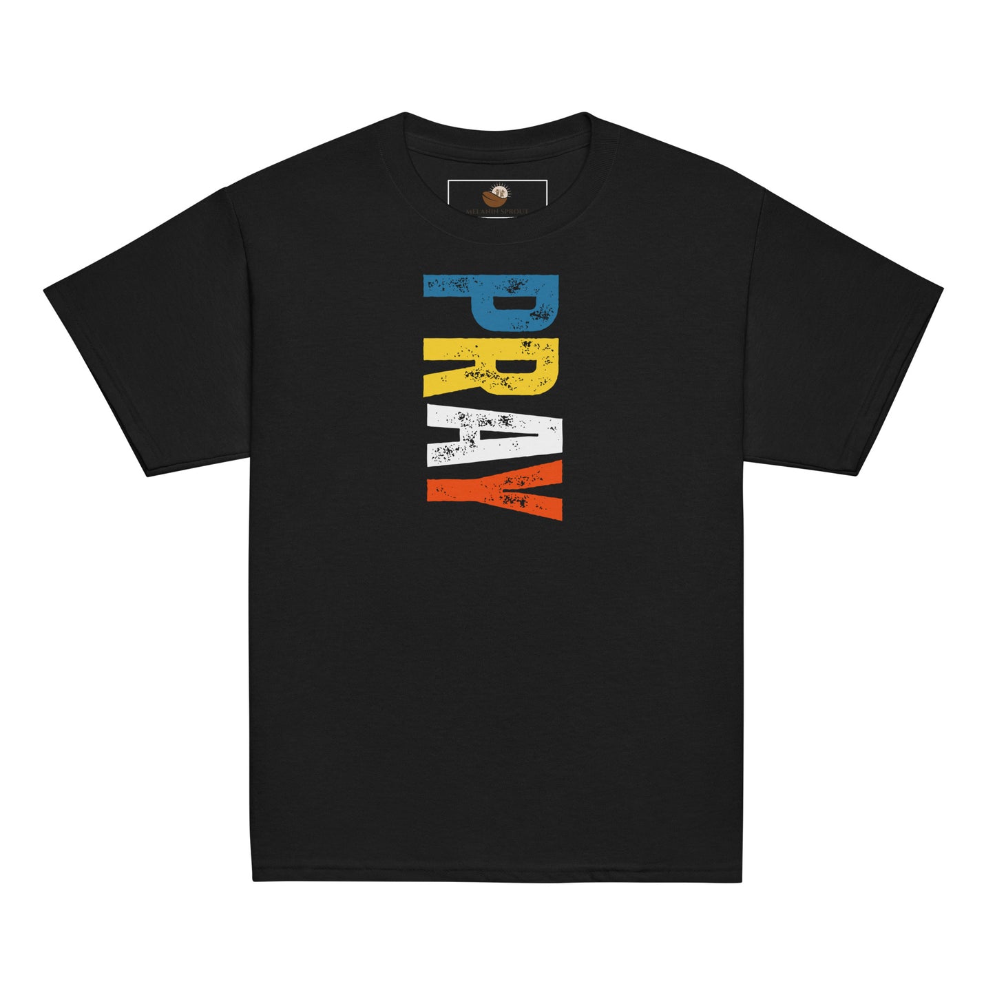 Youth t-shirt with bold block lettering “Pray” in blue, yellow, white, and orange, inspiring kids to walk in confidence and faith.