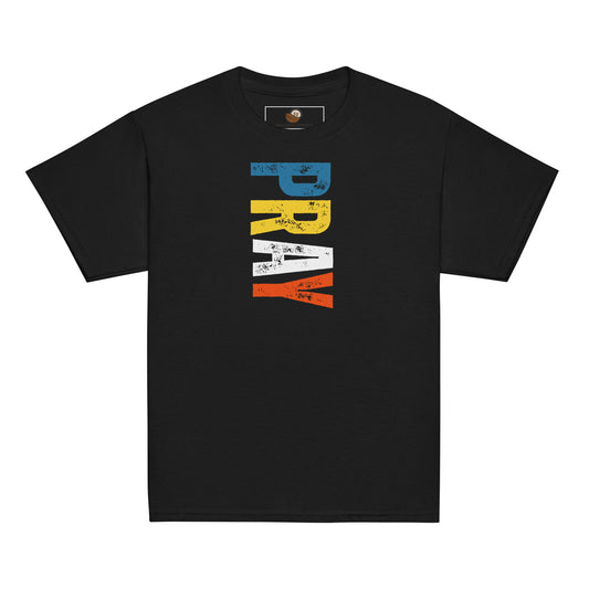 Youth t-shirt with bold block lettering “Pray” in blue, yellow, white, and orange, inspiring kids to walk in confidence and faith.