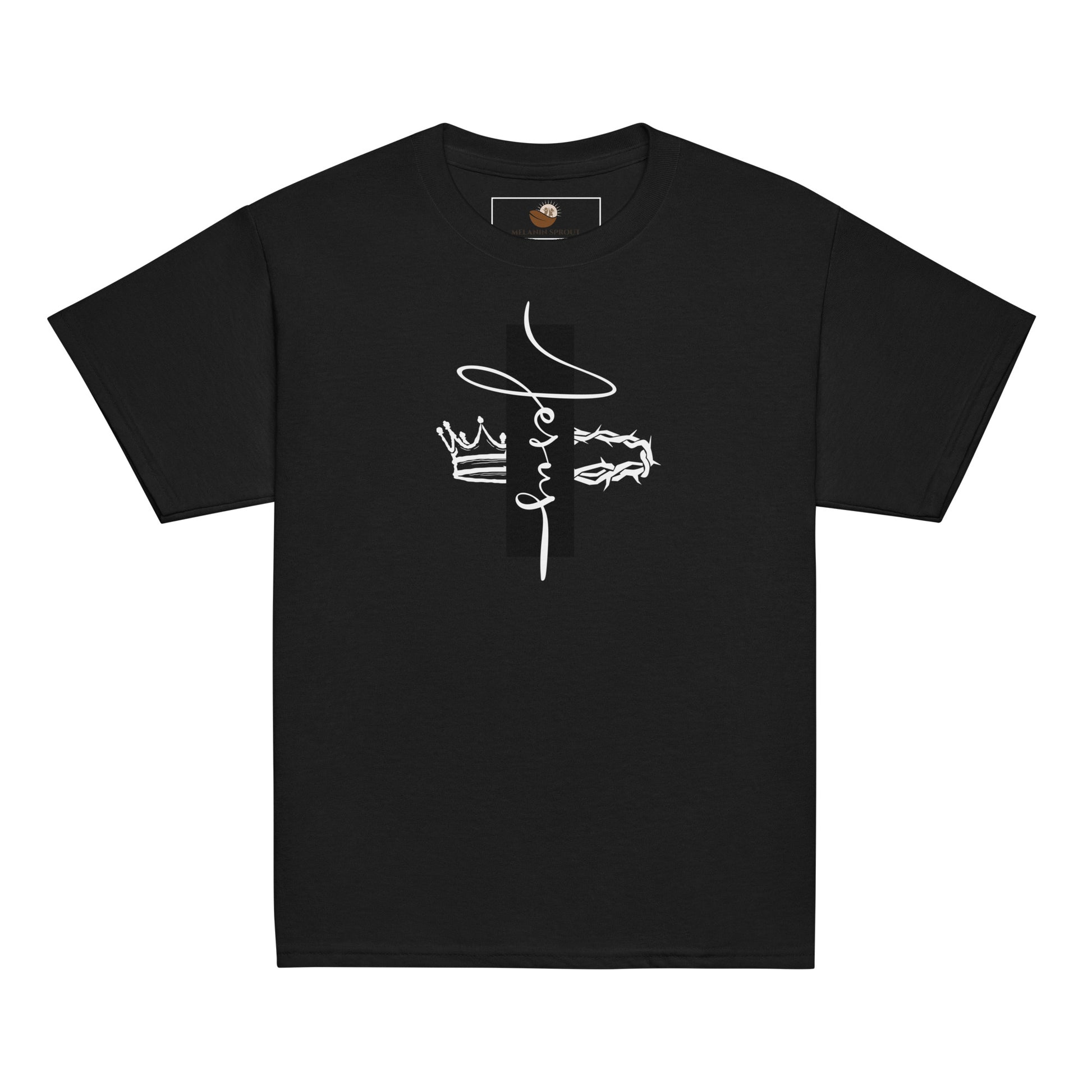 Youth t-shirt with vertical “Jesus” lettering, crown on one side and crown of thorns on the other, inspiring faith, strength, and devotion.