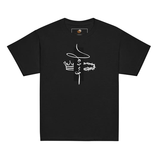 Youth t-shirt with vertical “Jesus” lettering, crown on one side and crown of thorns on the other, inspiring faith, strength, and devotion.