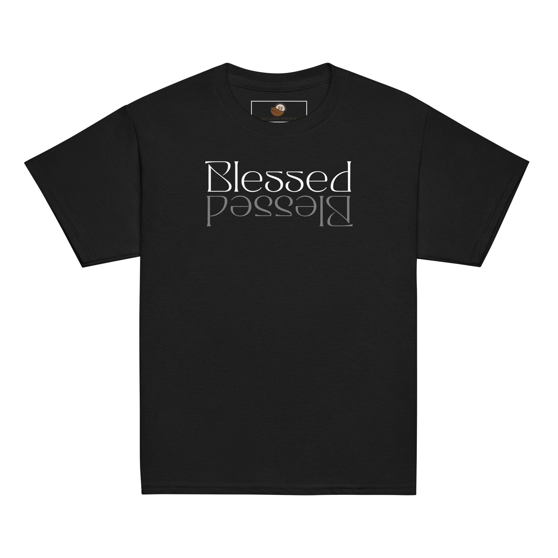 Youth t-shirt with “Blessed” in bold white letters mirrored in gray, inspiring faith, gratitude, and confidence.