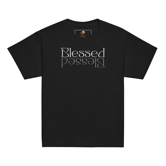 Youth t-shirt with “Blessed” in bold white letters mirrored in gray, inspiring faith, gratitude, and confidence.
