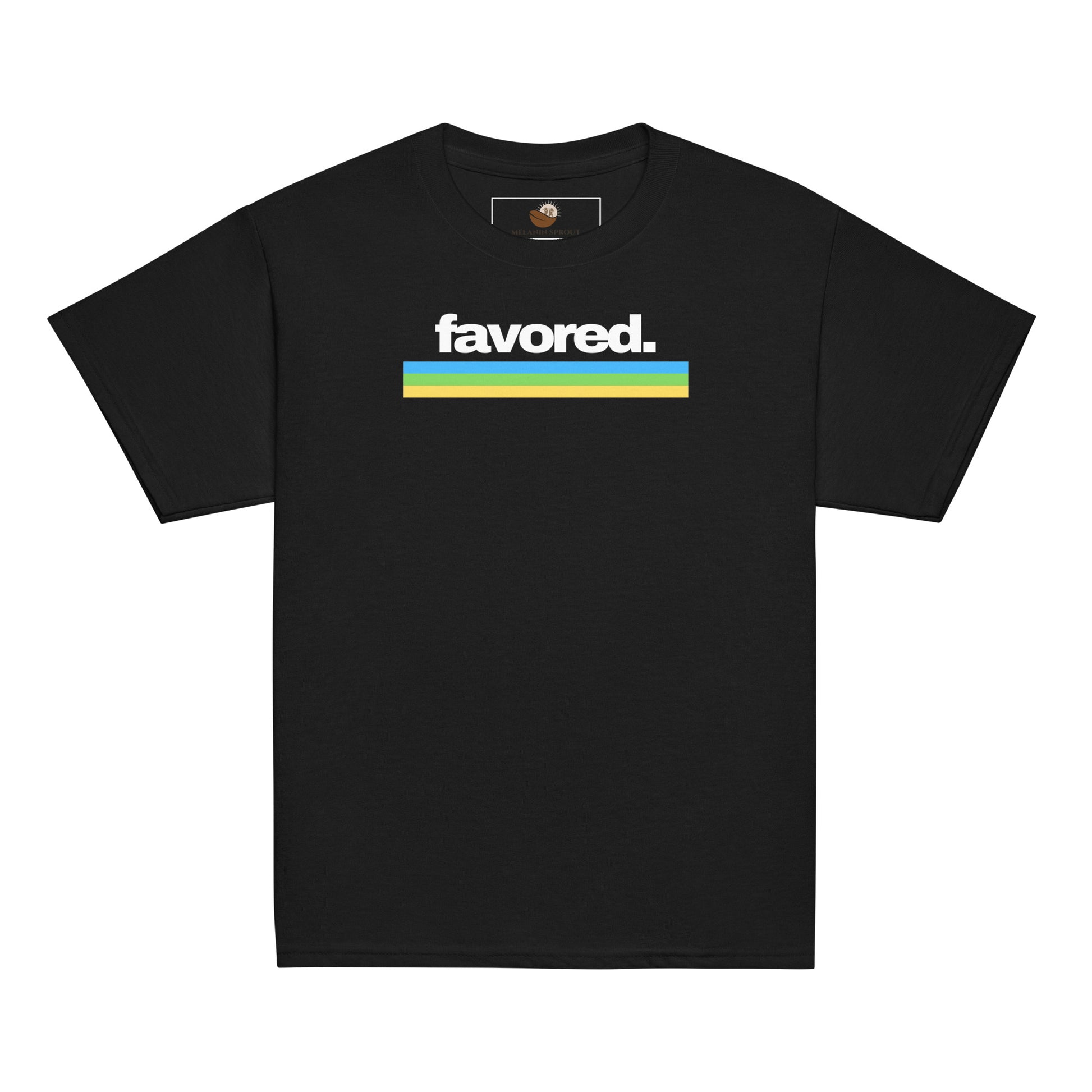 Youth t-shirt in black with “Favored” in white 80’s retro font and blue, green, yellow stripes, inspiring faith, confidence, and joy.