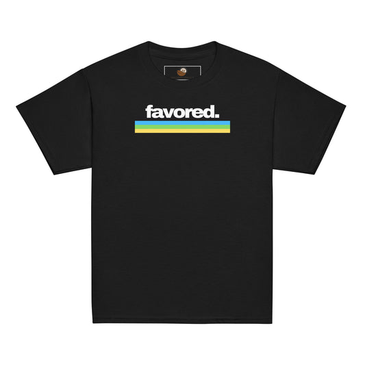 Youth t-shirt in black with “Favored” in white 80’s retro font and blue, green, yellow stripes, inspiring faith, confidence, and joy.