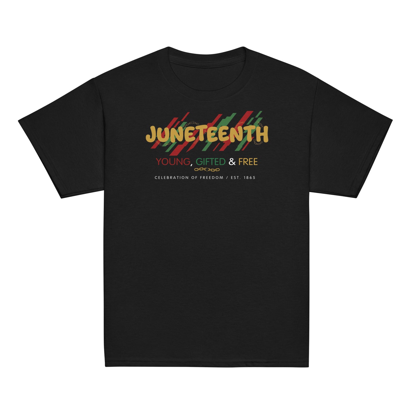 Gold Lettering Juneteenth 1865 themed design black T-Shirt with the words “Young, Gifted and Free,” with red and green graphic