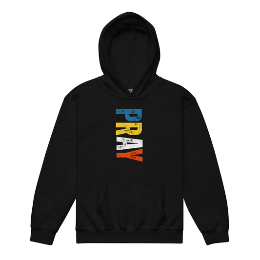 Youth hoodie with bold block lettering “Pray” in blue, yellow, white, and orange, providing warmth and faith-based confidence.