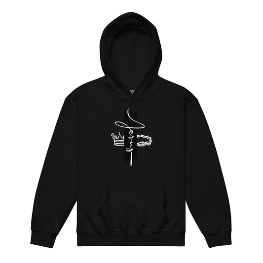 Youth hoodie with vertical “Jesus” lettering, crown on one side and crown of thorns on the other, providing warmth and inspiring faith, strength, and devotion.