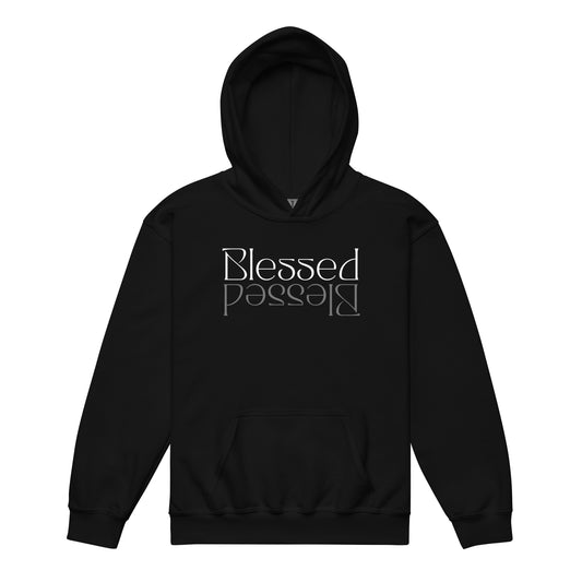Youth hoodie with “Blessed” in bold white letters mirrored in gray, providing warmth and inspiring faith, gratitude, and confidence.