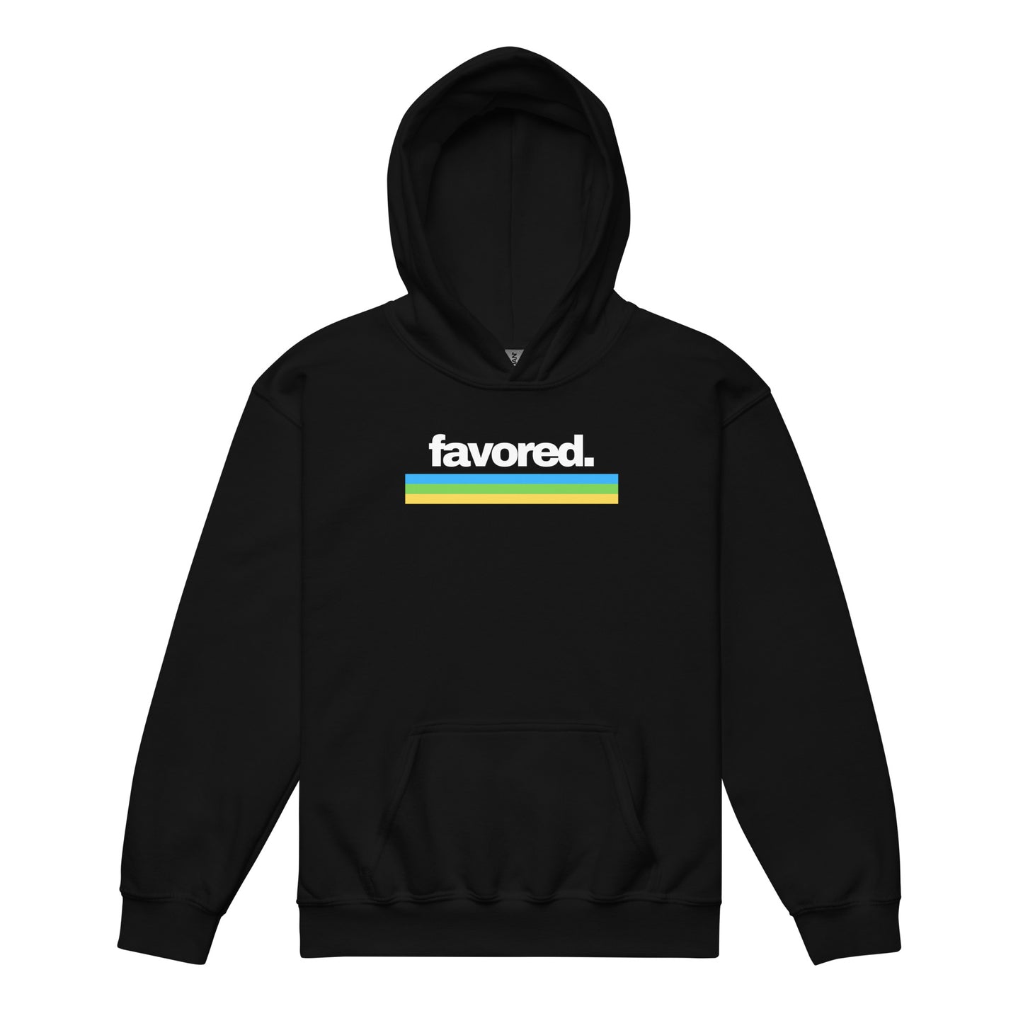 Youth hoodie in black with “Favored” in white 80’s retro font and blue, green, yellow stripes, promoting faith, confidence, and joy.