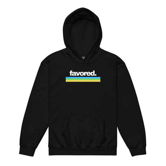 Youth hoodie in black with “Favored” in white 80’s retro font and blue, green, yellow stripes, promoting faith, confidence, and joy.