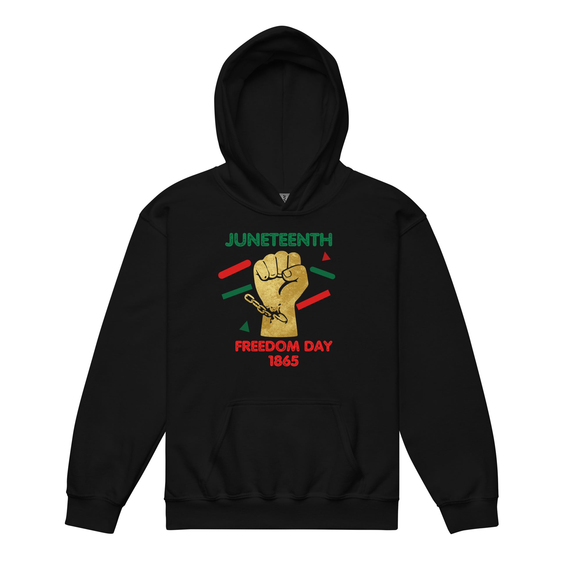 Juneteenth Freedom Day black hoodie with gold fist and breaking chains Juneteenth in green and freedom in red with 1865  